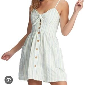 Roxy Striped Mini Dress White Blue Green Button Front Tie Sleeveless Casual XS‎